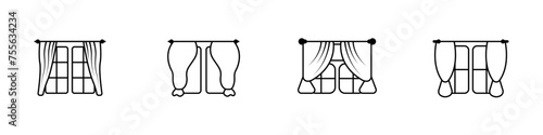 Curtains on windows vector. Linear curtain logos. Outline icon of curtained windows vector. Jalousie. Room interior.