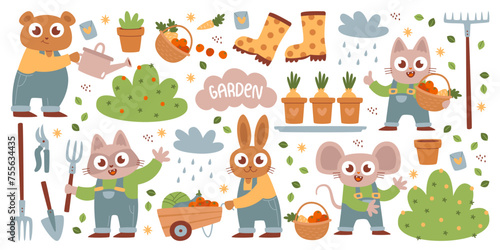 Forest and domestic animals gardeners characters caring plants  harvesting set vector illustration
