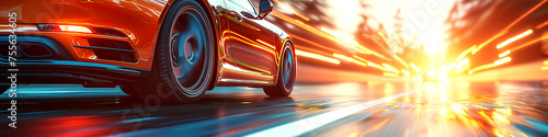 back rear wheel of fast moving car with motion blur on asphalt close-up. Luxury sports car