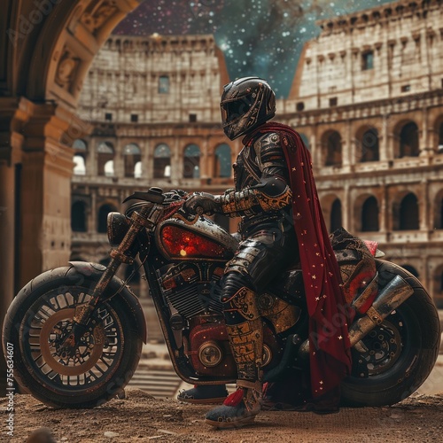Fantasy motorcycle rally in a galaxy-painted Roman amphitheater