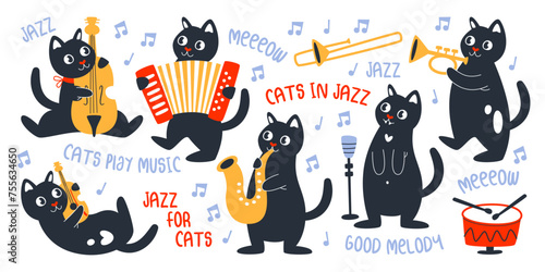 Cute cats musical jazz band playing music instrument, singing song set vector illustration
