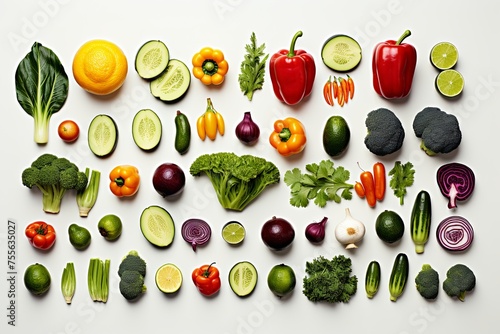Top View Healthy Food with assortment of fresh different fruits and organic vegetables harvest concept on white background