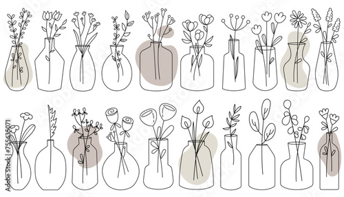 Glass vases with flower bouquets and plants bunch for home decoration set vector illustration photo