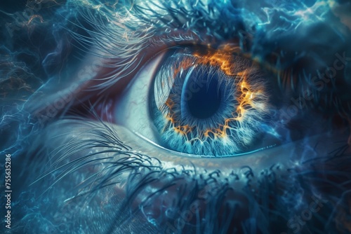 Extreme close up of human eye with lightning bolt reflection in iris, abstract concept of power and energy