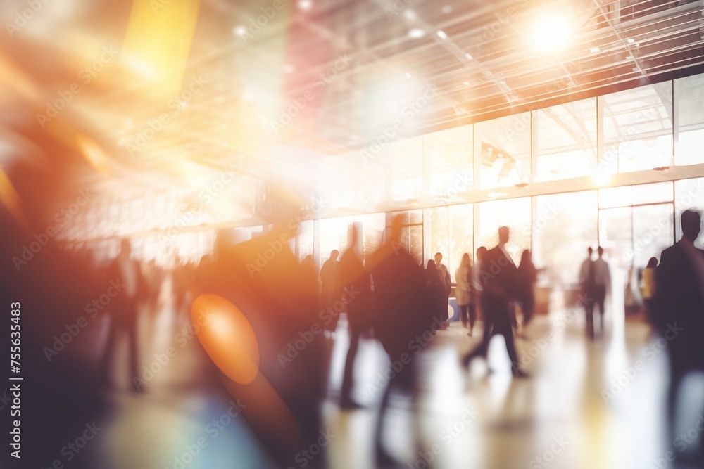 Blur, defocused background of public exhibition hall. Business tradeshow, job fair, or stock market. Organization or company event, commercial trading, or shopping mall marketing advertisement concept