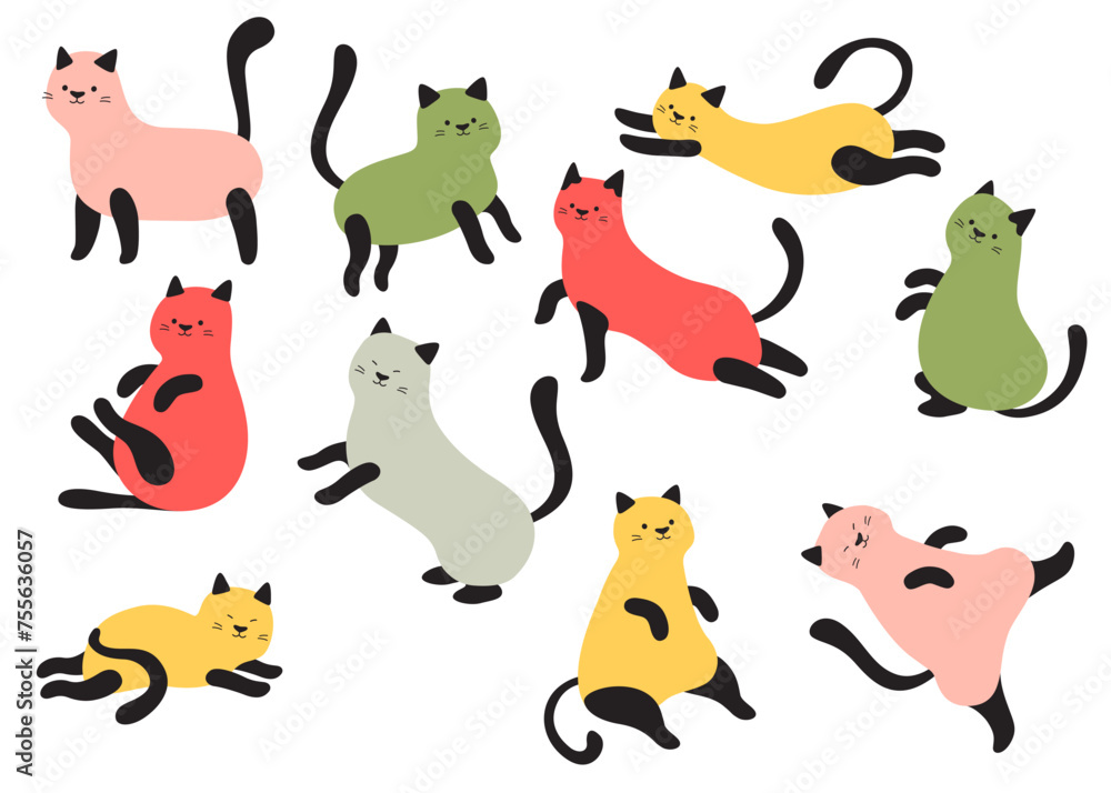 Obraz premium Cute hand drawn colorful lazy cats doodle characters in different poses vector illustration