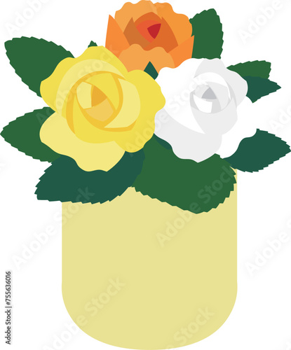 花瓶に入った黄色とオレンジ色と白のバラ