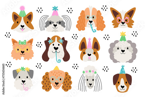 Funny dog faces with positive emotion, cute puppy muzzle wearing party hats set vector illustration