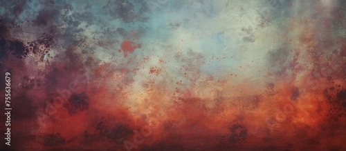 A painting featuring a vivid red and blue sky with abstract grunge texture in the background. The colors blend and contrast, creating a dynamic and striking visual effect.