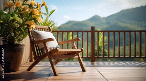 Wooden armchair with soft cushions on cozy balcony of resort house or hotel overlooking the mountains, Relaxed relaxation in a cozy environment