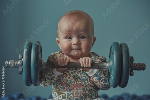 A baby lifting weights in the style of funny and humorous pose