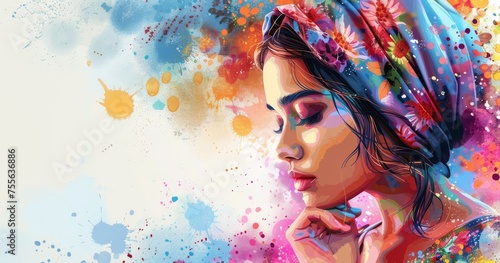 A beautiful woman with a colorful headscarf and floral pattern decorations on her forehead and hair against a colorful paint splash background.