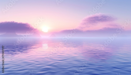 Swirling ethereal mist in lilac and green revealing tranquil pond, abstract spring background