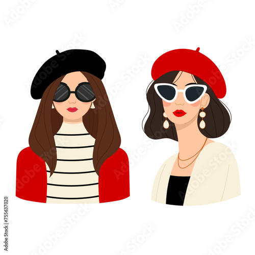 French woman. Flat illustration of girl portrait. Set of illustrations of young French women in red and black berets and glasses.