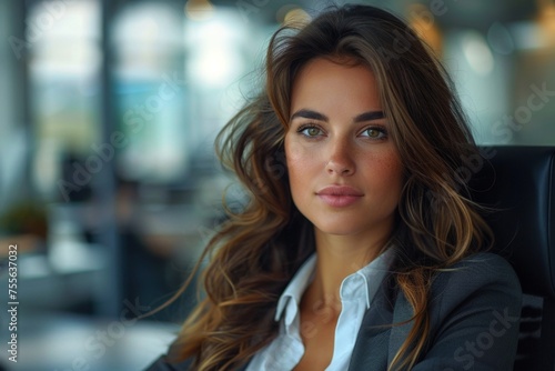 portrait of beautiful business lady, confident businesswoman in shirt and jacket with long loose hair