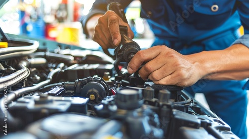 Skilled auto mechanic at work in repair shopconcept of car service and maintenance.