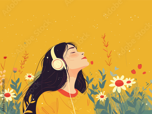 Woman enjoying music with flowers and nature