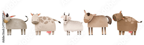 Set of rural artiodactyl animals from the farm. Barnyard. Hand drawn illustration on isolated background
