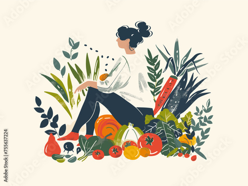 Illustration of woman enjoying a bountiful harvest of vegetables