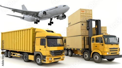 Transport logistic concept collage with aircraft, cargo ship, truck, and fork loader
