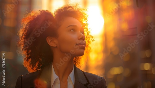 Woman in a business suit looking out toward the sky