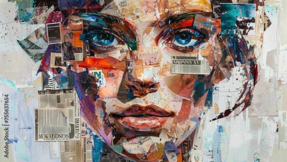 A collage of various pieces of paper, each with different images and colors, is arranged to create the portrait of an attractive woman's face.  - obrazy, fototapety, plakaty 