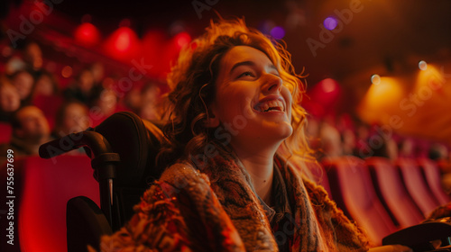Woman in wheelchair laughing joyfully at the cinema