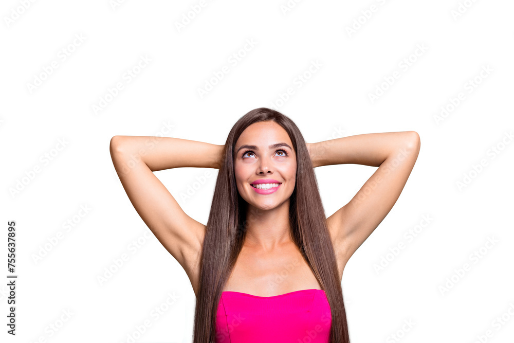 Closeup studio photo portrait of pretty nice glad attractive cute sweet lovely lady looking up on copy space holding hands behind head isolated on blue bright background Closeup studio photo portrait of pretty nice glad attractive cute sweet lovely lady looking up on copy space holding hands behind head isolated on blue bright background