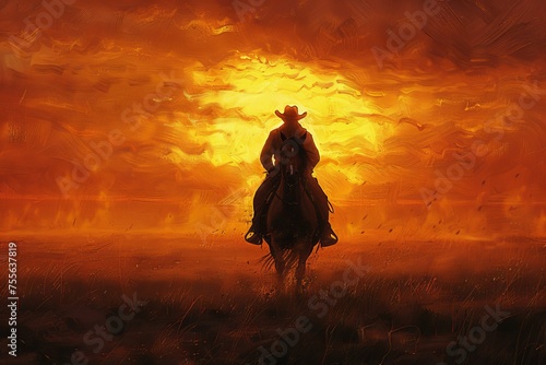 A cowboy riding his horse in the sunset on open plains, with the sun setting behind him casting long shadows and creating an atmospheric scene.
