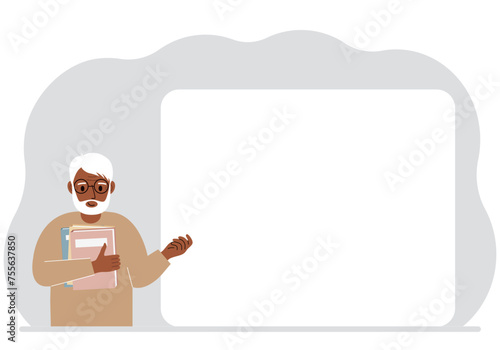 The man holds many books. Nearby is a large white poster for your text.