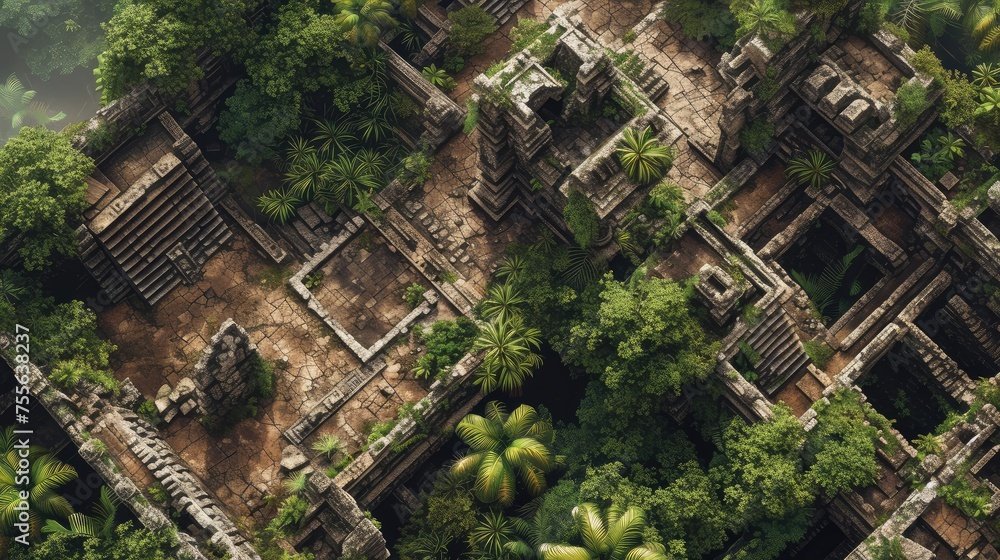 Aerial View of Secluded Jungle Ruins. An Illustration. 