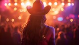 Girl in cowboy hat in front of a crowd with music