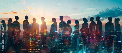 A double exposure of silhouettes representing diverse business people standing together photo