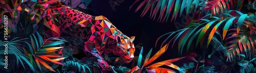 A geometric origami leopard prowls through a lush, vibrant paper jungle in a captivating abstract panorama