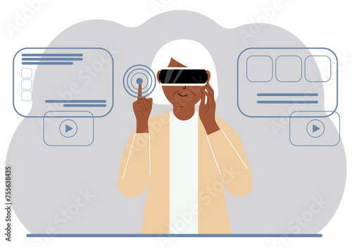 A woman wearing a virtual reality headset studies, works, plays and works.
