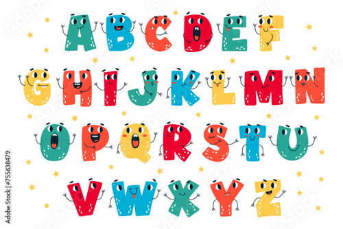 Funny kawaii letters alphabet creative typography design for children education vector illustration