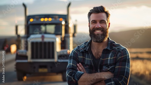 A handsome bearded truck driver standing in front of his modern black semitruck, smiling at the camera with arms crossed. 