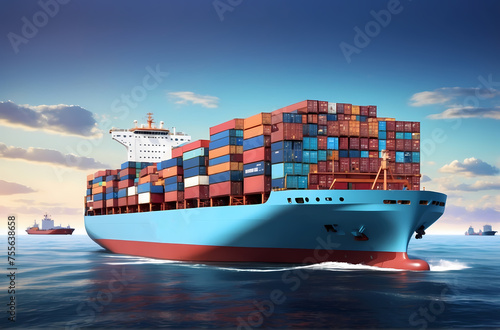 Transportation Concept, Cargo ship with colorful containers. Industrial commercial delivery and logistic services element. cartoon illustration