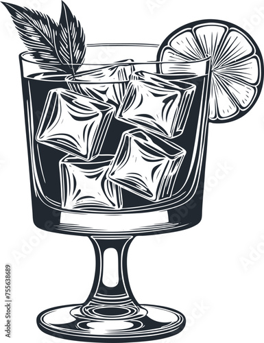 Cocktail in a glass with ice, mint and a slice of lime,  vector illustration