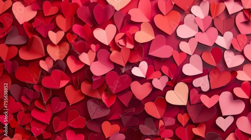 Collage of paper hearts in various sizes and shades of red and pink, symbolizing love and romance.