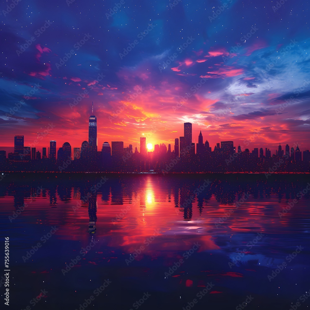 Skyline Background: Iconic city skylines silhouetted against the setting sun or illuminated by twinkling city lights.