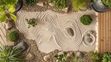 Overhead view of a neatly patterned sand design in a lush garden.