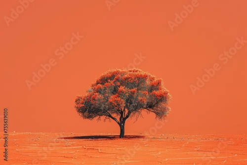 A vivid red tree stands on a hill against a monochrome red planet s surface and sky