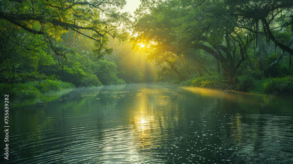a large river flows through an old forest a large river flows through an old forest