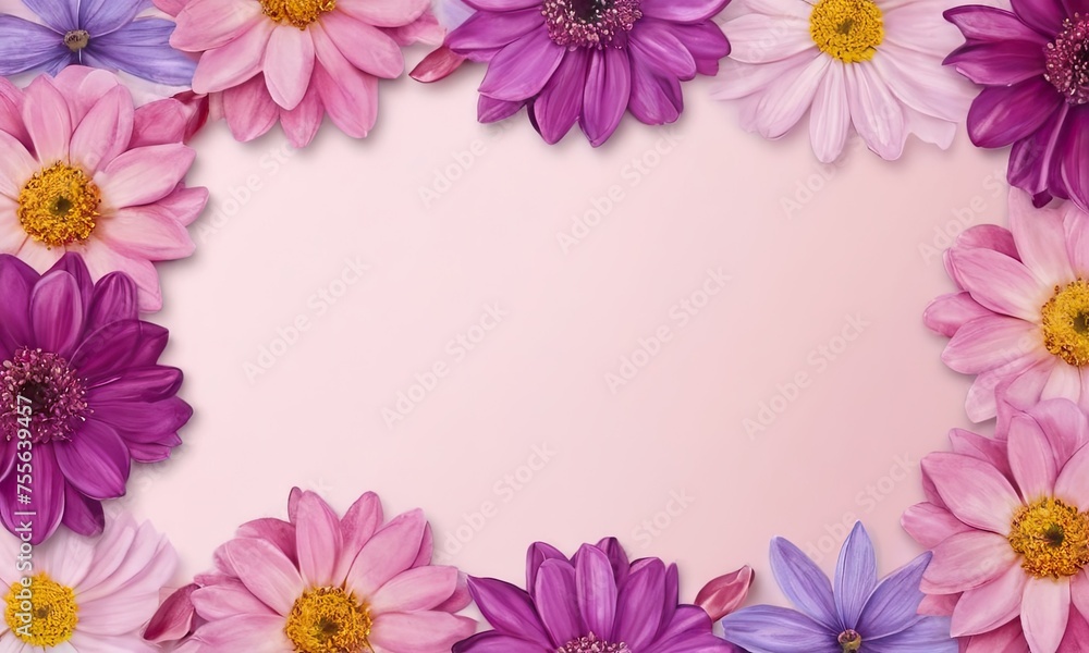 Top view illustration in watercolor style romantic flowers pink, white and purple color with space for text in the middle at purple background. Birthday, Happy Women's Day, Mother's Day concept. Top view illustration in watercolor style romantic flowers pink, white and purple color with space for text in the middle at purple background. Birthday, Happy Women's Day, Mother's Day concept.