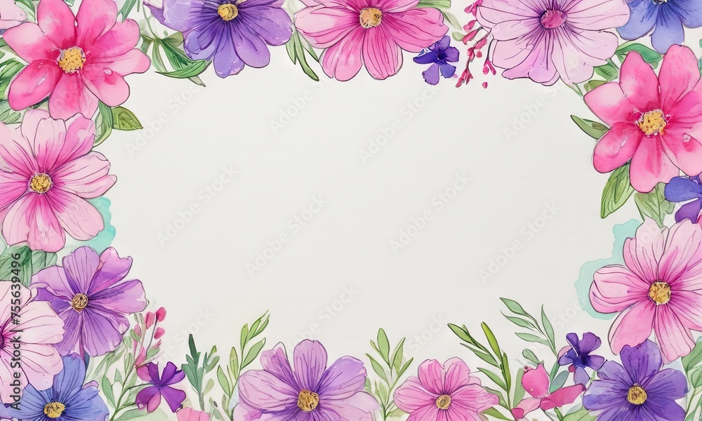 Background Romantic spring flowers purple and pink color in watercolor style with space for text.Valentine's Day, Easter, Birthday, Happy Women's Day, Mother's Day concept.
