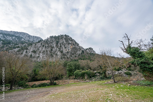 The scenic view of Termessos ancient city and the theater from Güllük Mountain, Antalya, Turkey photo