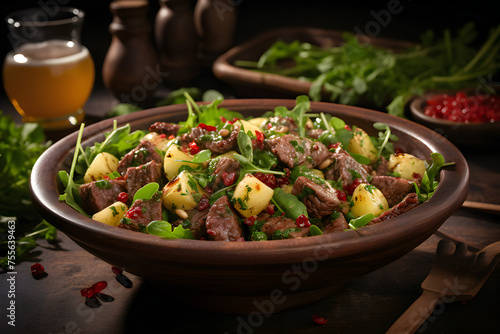 Close-up of a grinder with stewed potatoes, beef and herbs,  generated by AI. 3D illustration