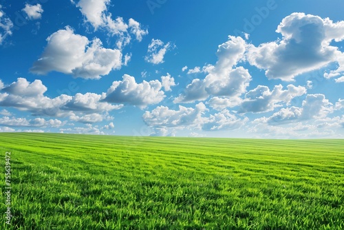 a green field with blue sky and clouds