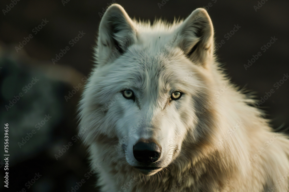 Scary white wolf direct eye contact